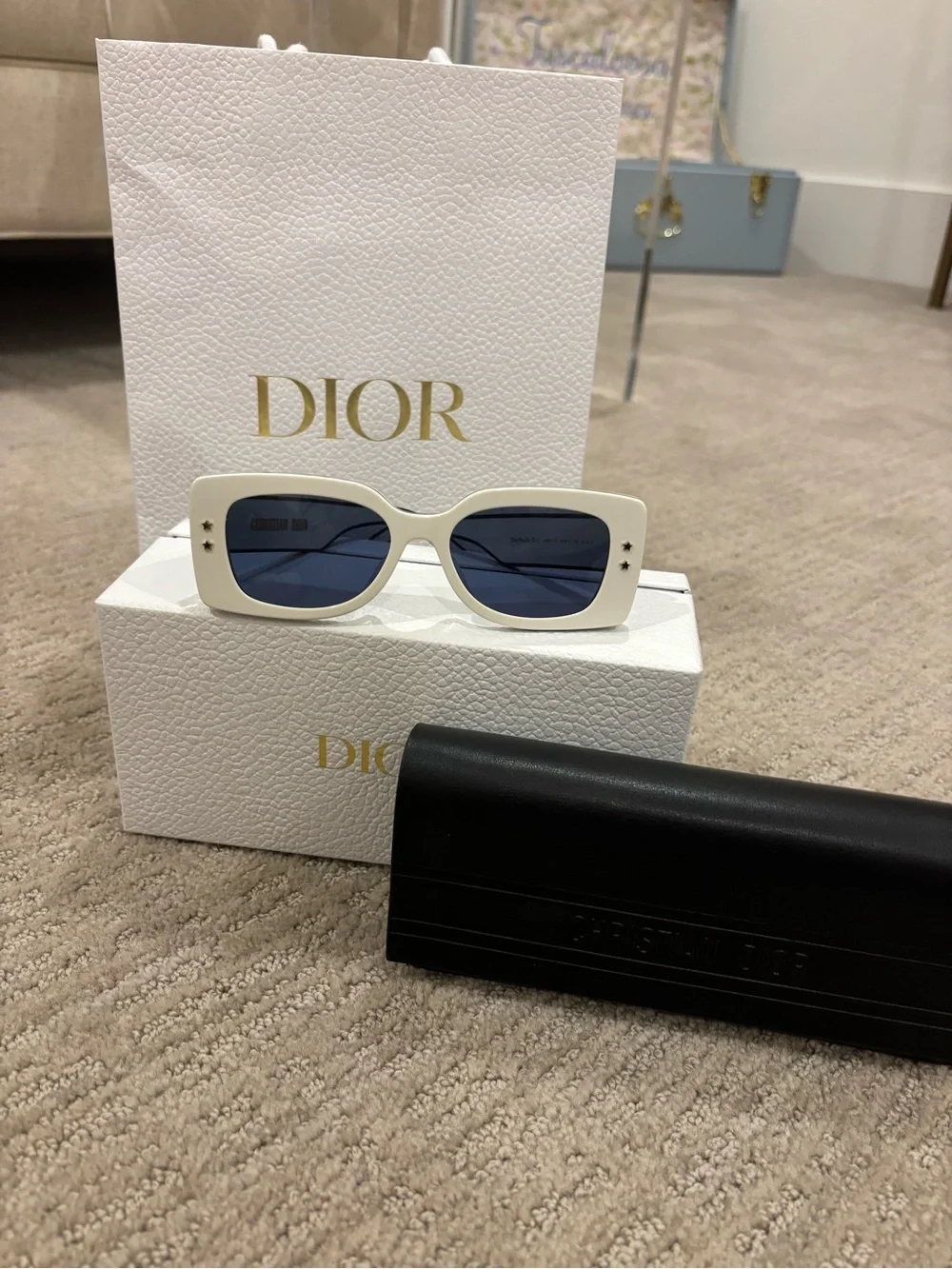 Dior White Frame Sunglasses with Dark Blue Lenses